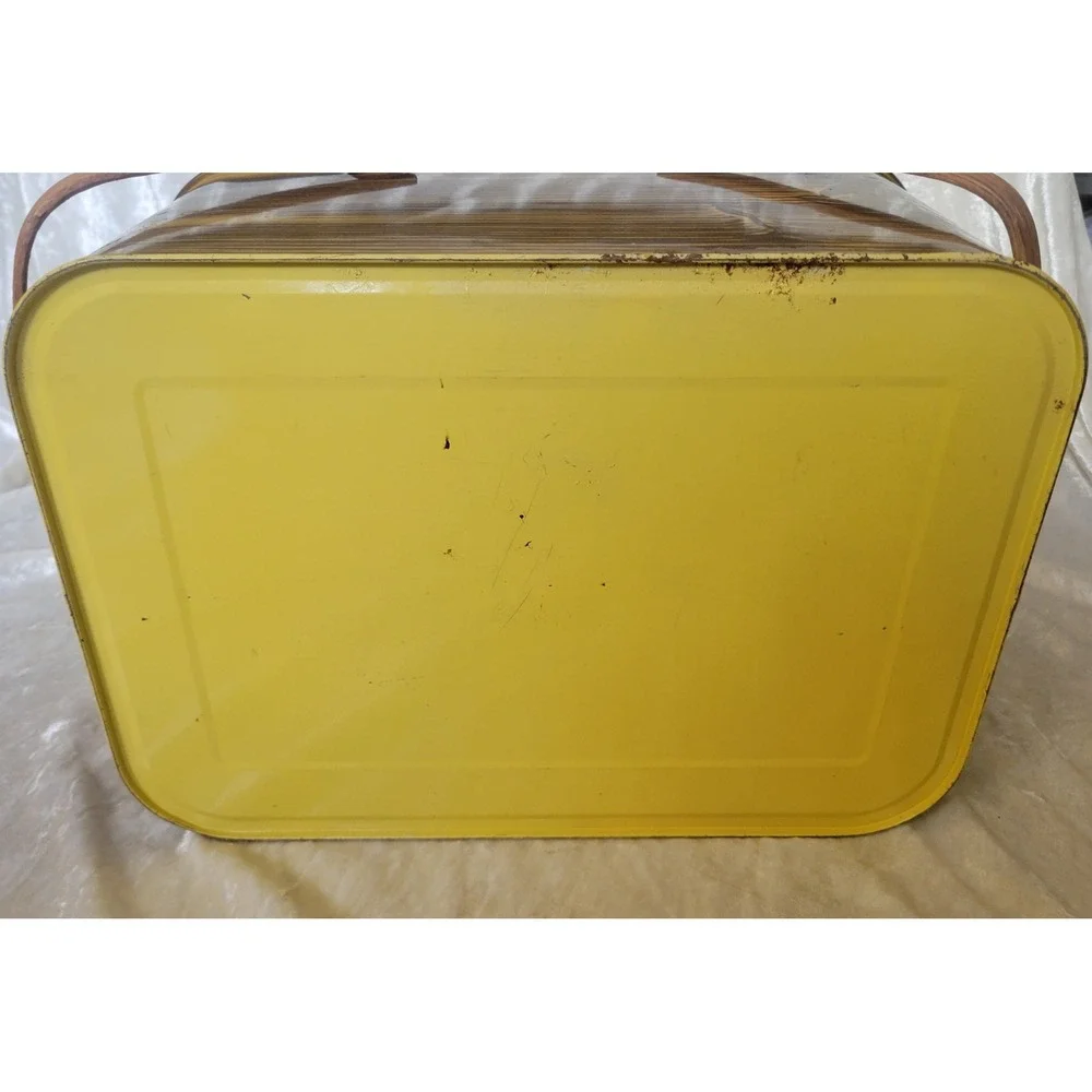 Vintage 50s Metal Picnic Basket Faux Wood Grain Tin Litho Wood Handles Yellow